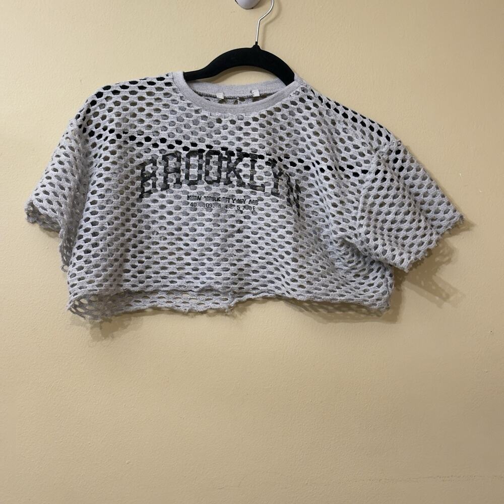 Y2K Grunge Indie Sleaze Brooklyn Graphic Open Knit Crop Top Fishnet Tee S M